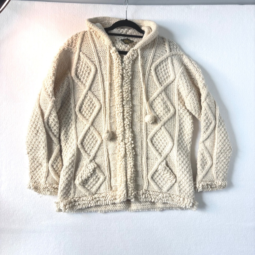 Handmade Wool fisherman cable chunky Knit Hooded Cardigan Sweater Cream Zip Up